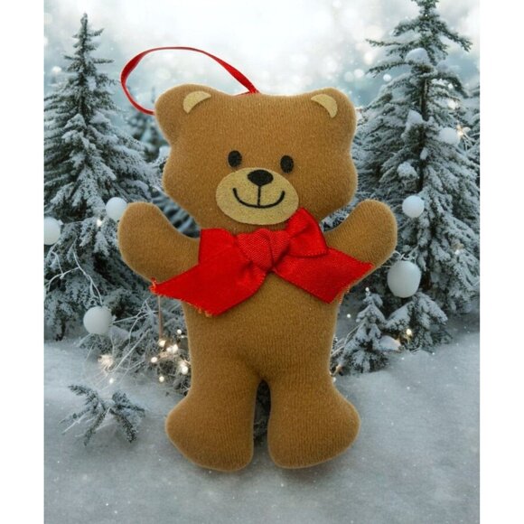 Soft Brown Teddy Bear Christmas Tree Ornament Standing Smiling with Red Bow - Picture 1 of 6